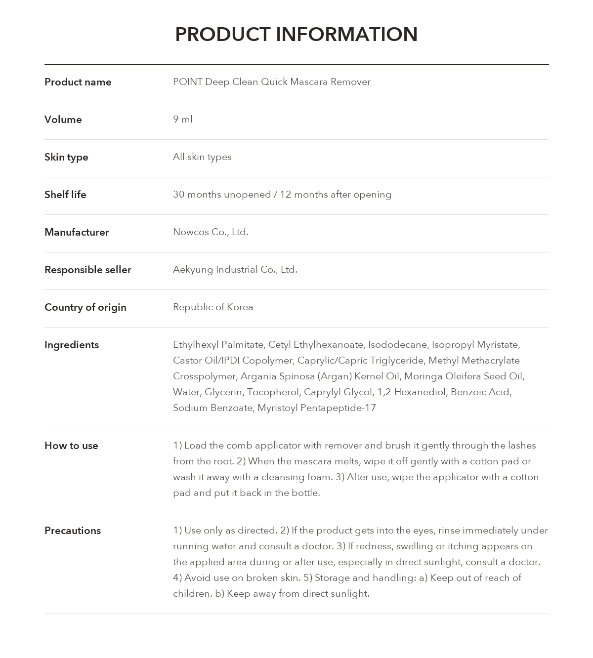 POINT Deep Clean Quick Mascara Remover product information