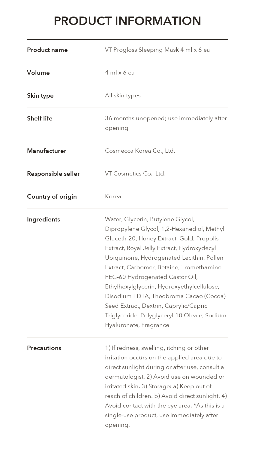 VT Progloss Sleeping Mask 4ml x 6 product information