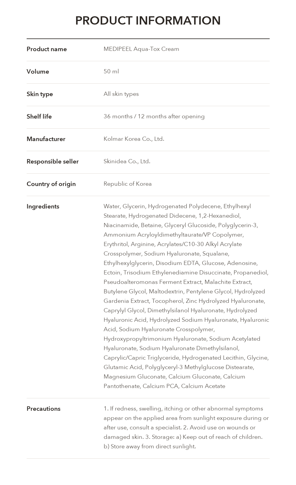 MEDIPEEL Aqua-Tox Cream 50ml product information