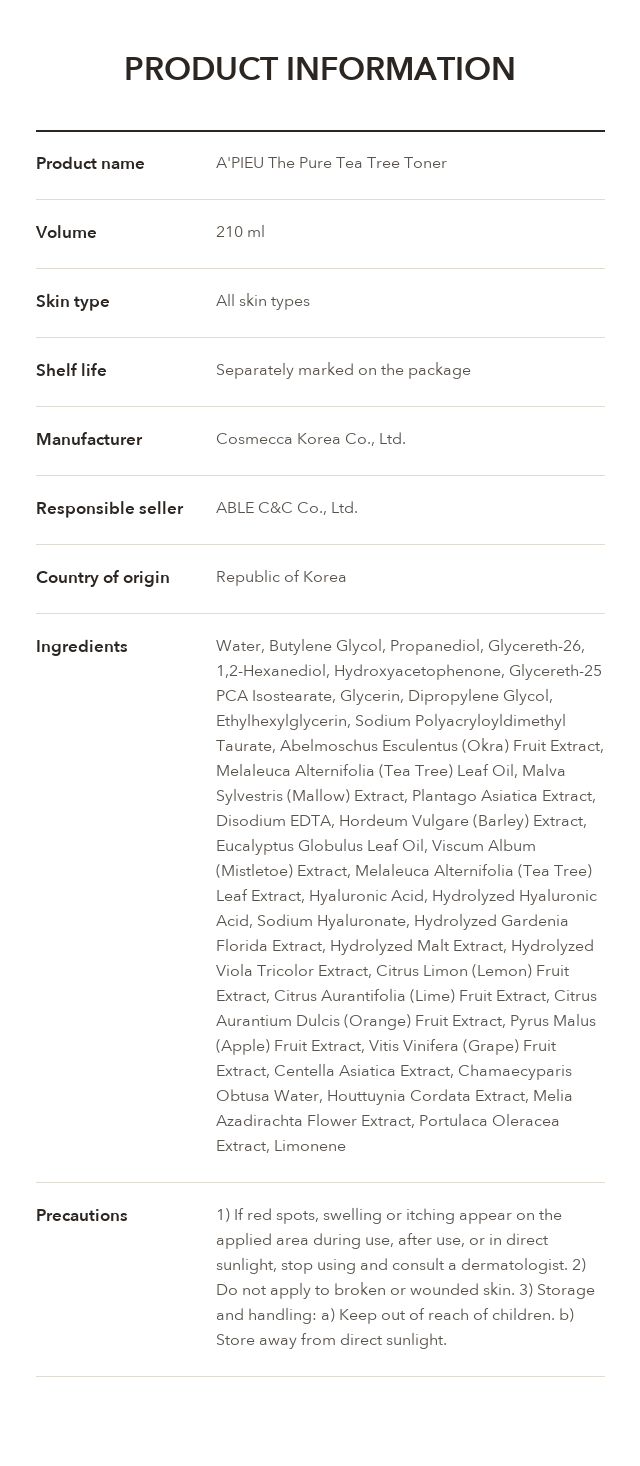 A'PIEU The Pure Tea Tree Toner product information