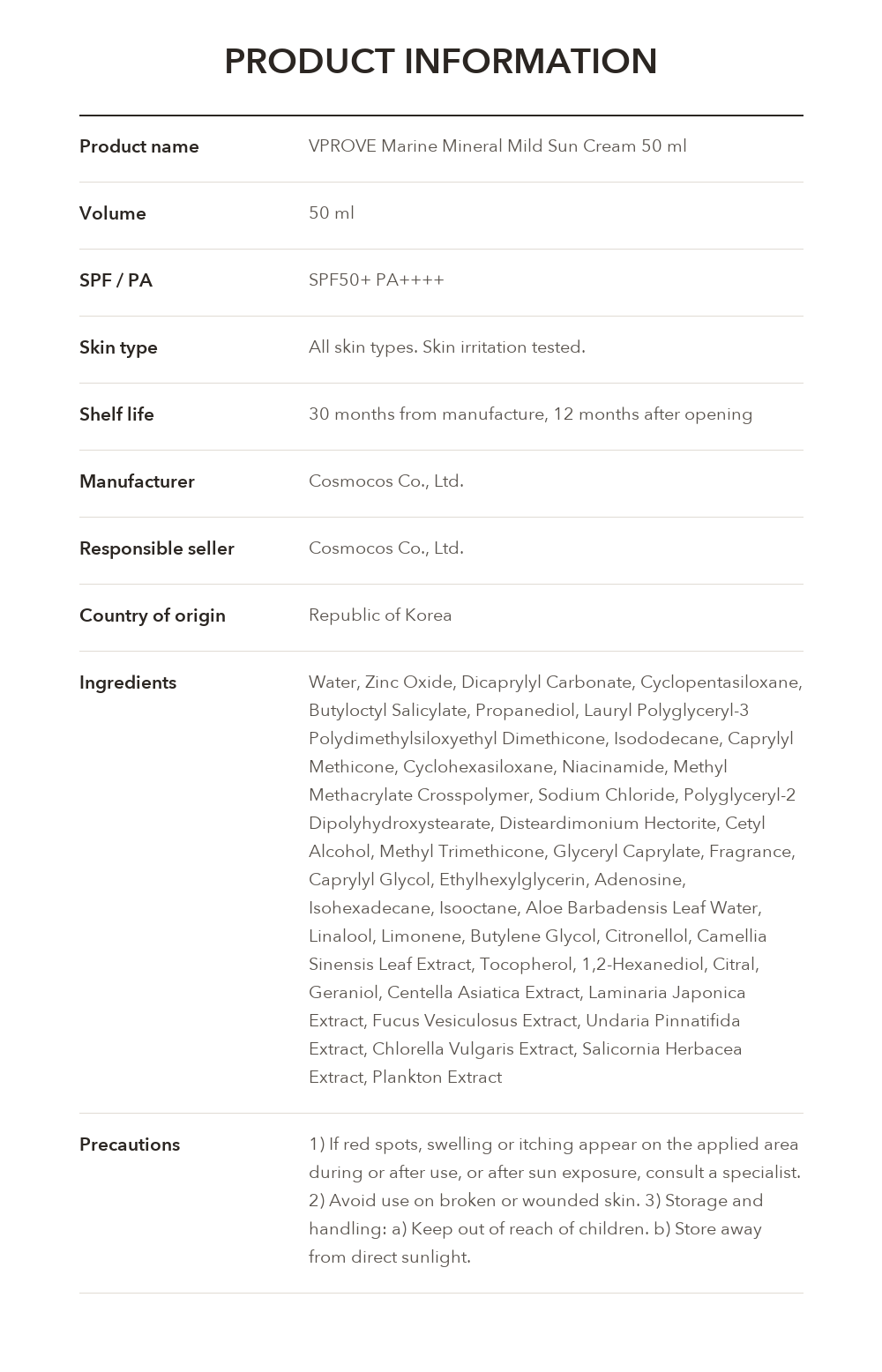 VPROVE Marine Mineral Mild Sun Cream product information