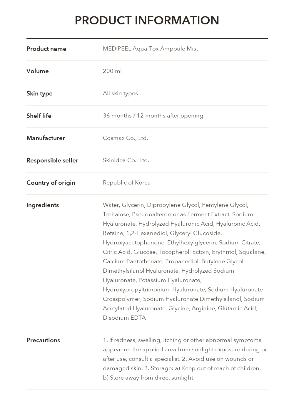 MEDIPEEL Aqua-Tox Ampoule Mist 200ml product information