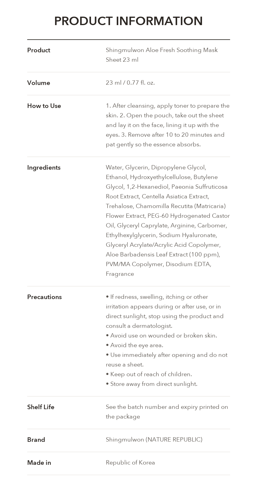 Shingmulwon Aloe Fresh Soothing Mask Sheet product information