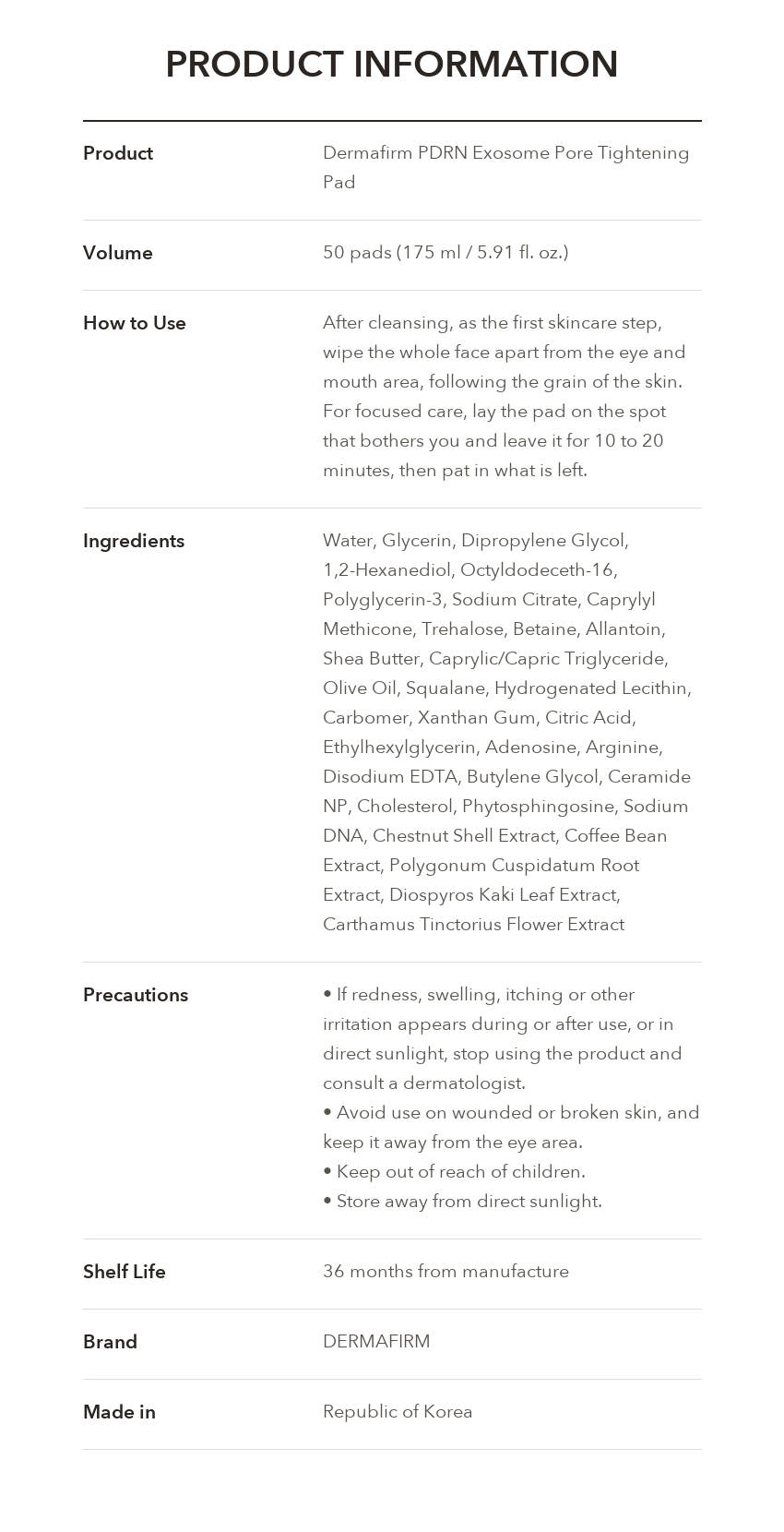 DERMAFIRM PDRN Exosome Pore Tightening Pad product information