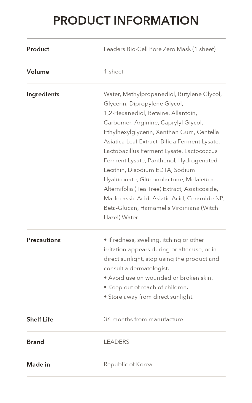 LEADERS Bio-Cell Pore Zero Mask product information