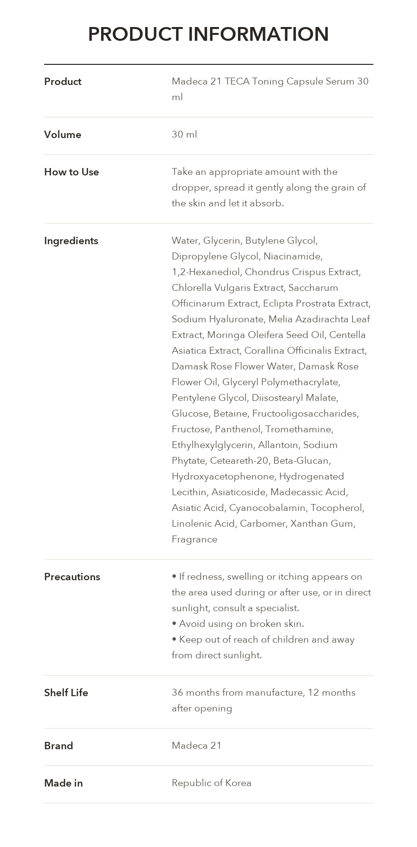 Madeca21 TECA Toning Capsule Serum 30ml product information