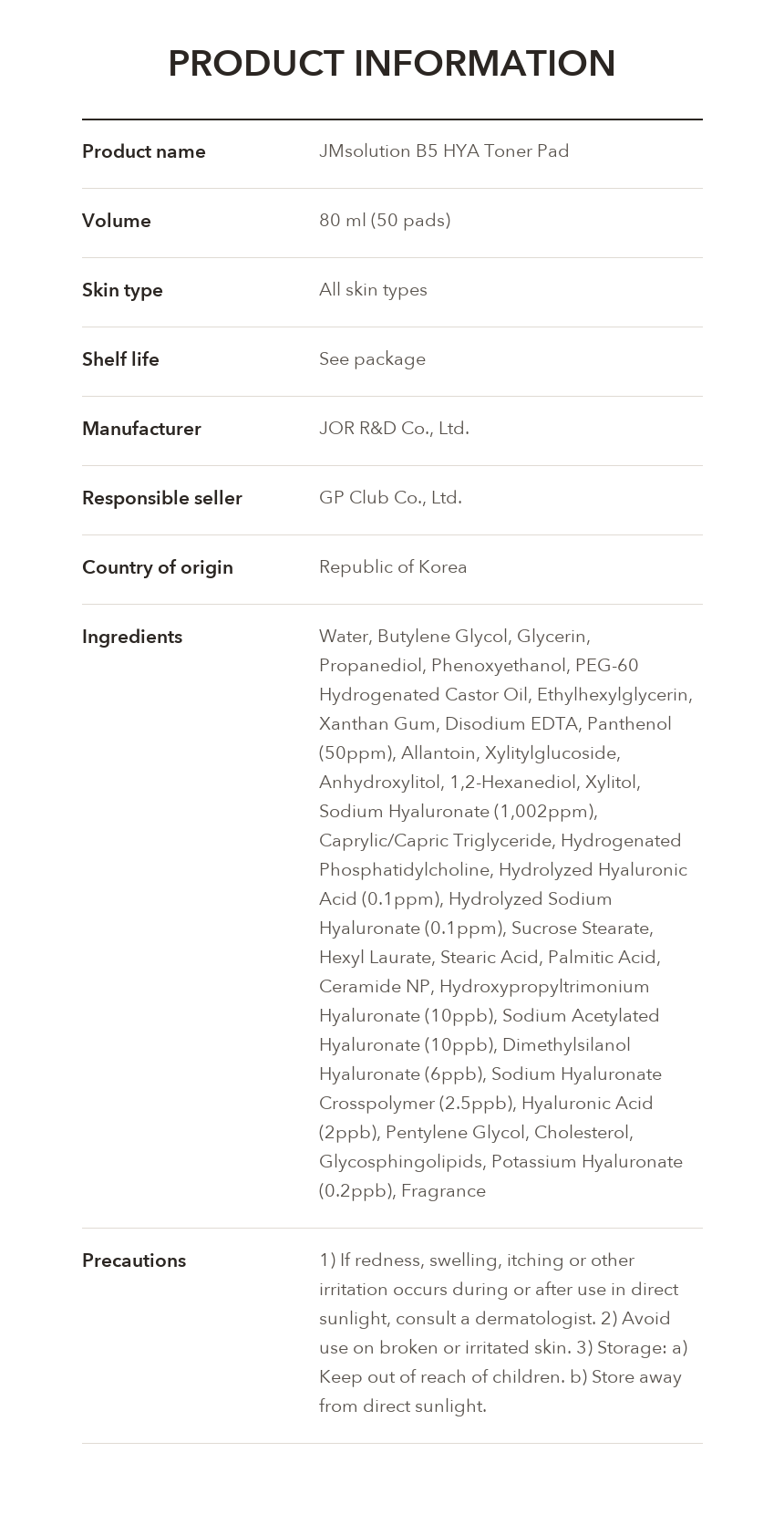 JMsolution B5 Hya Toner Pad 80ml 50 Pads product information