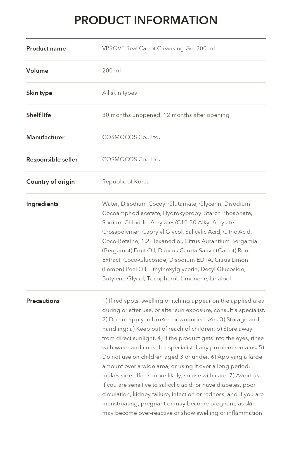 VPROVE Real Carrot Cleansing Gel product information