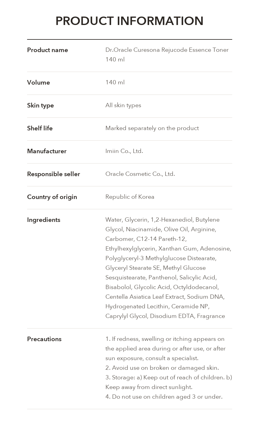 Dr.Oracle Curesona Rejucode Essence Toner 140ml product information