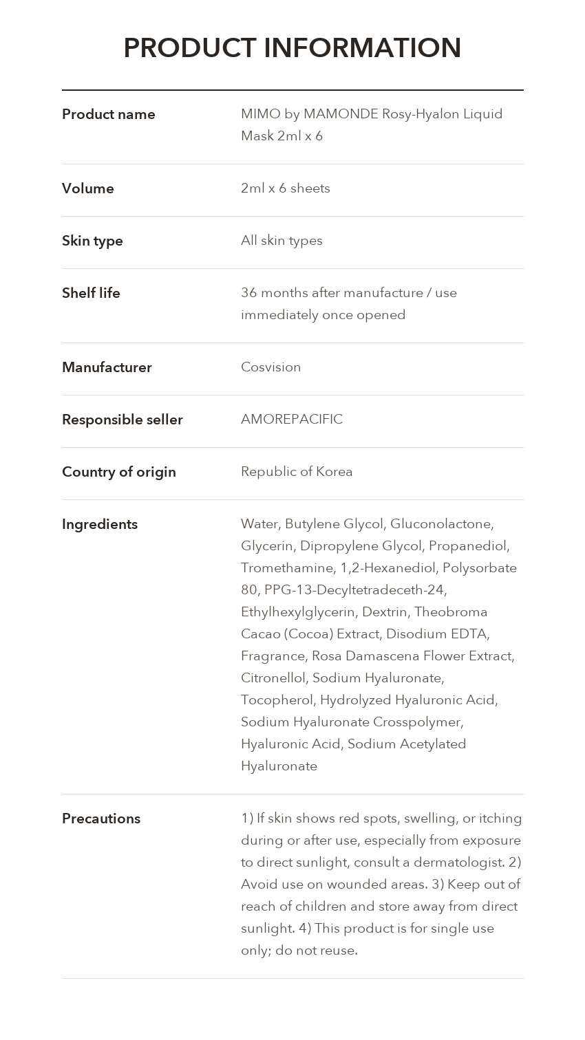 MIMO by MAMONDE Rosy-Hyalon Liquid Mask product information