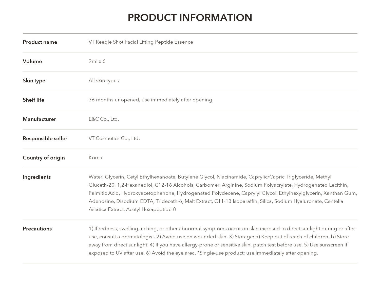 VT Reedle Shot Facial Lifting Peptide Essence 2ml x 6 product information