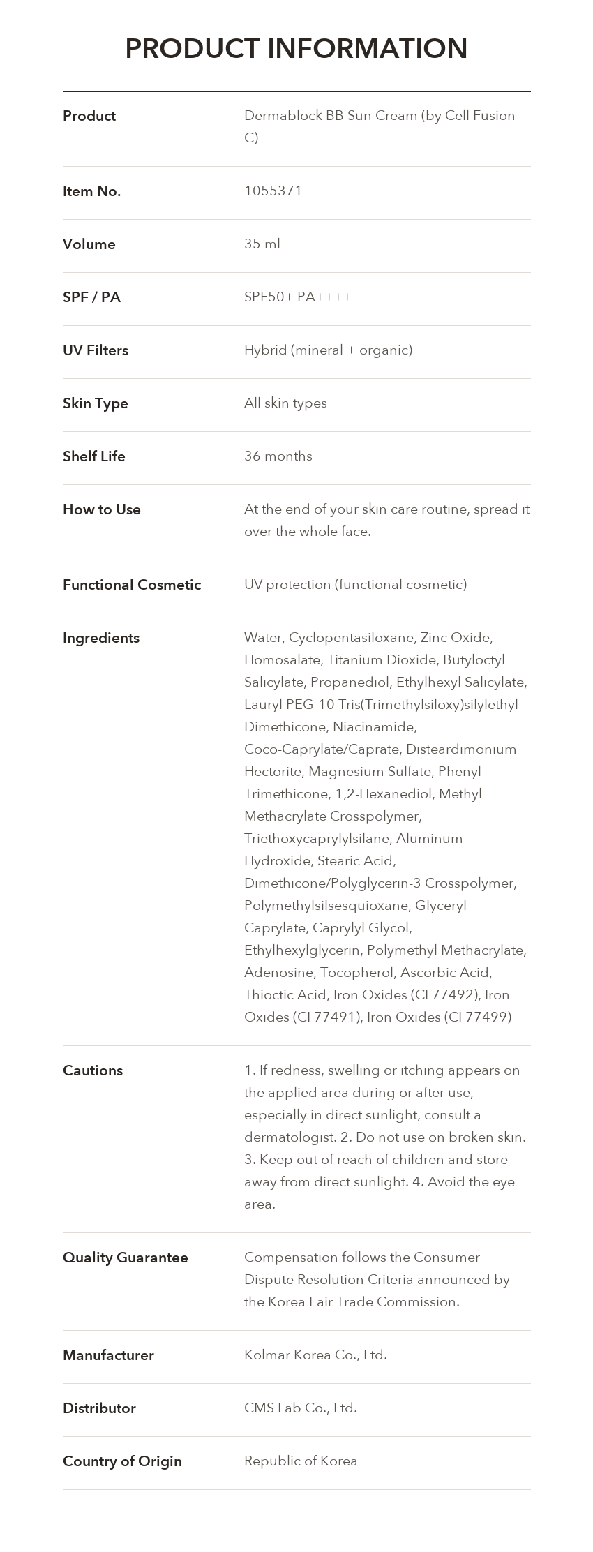 DERMABLOCK BB Sun Cream 35ml product information