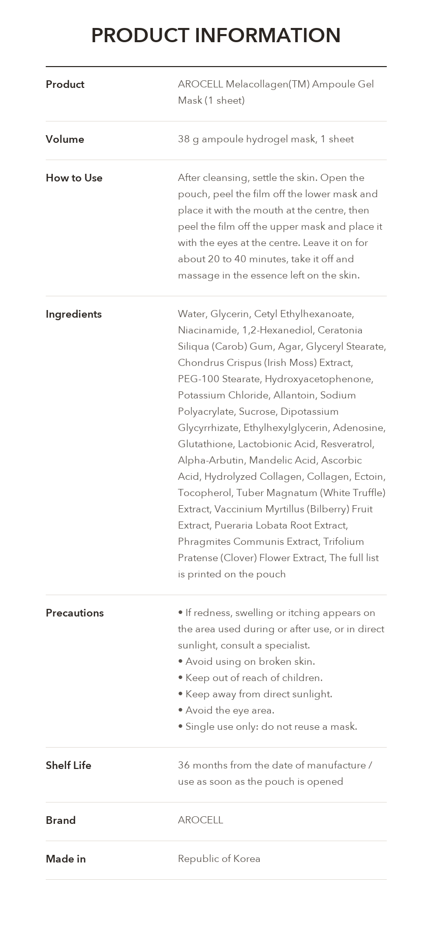 AROCELL Melacollagen Ampoule Gel Mask product information