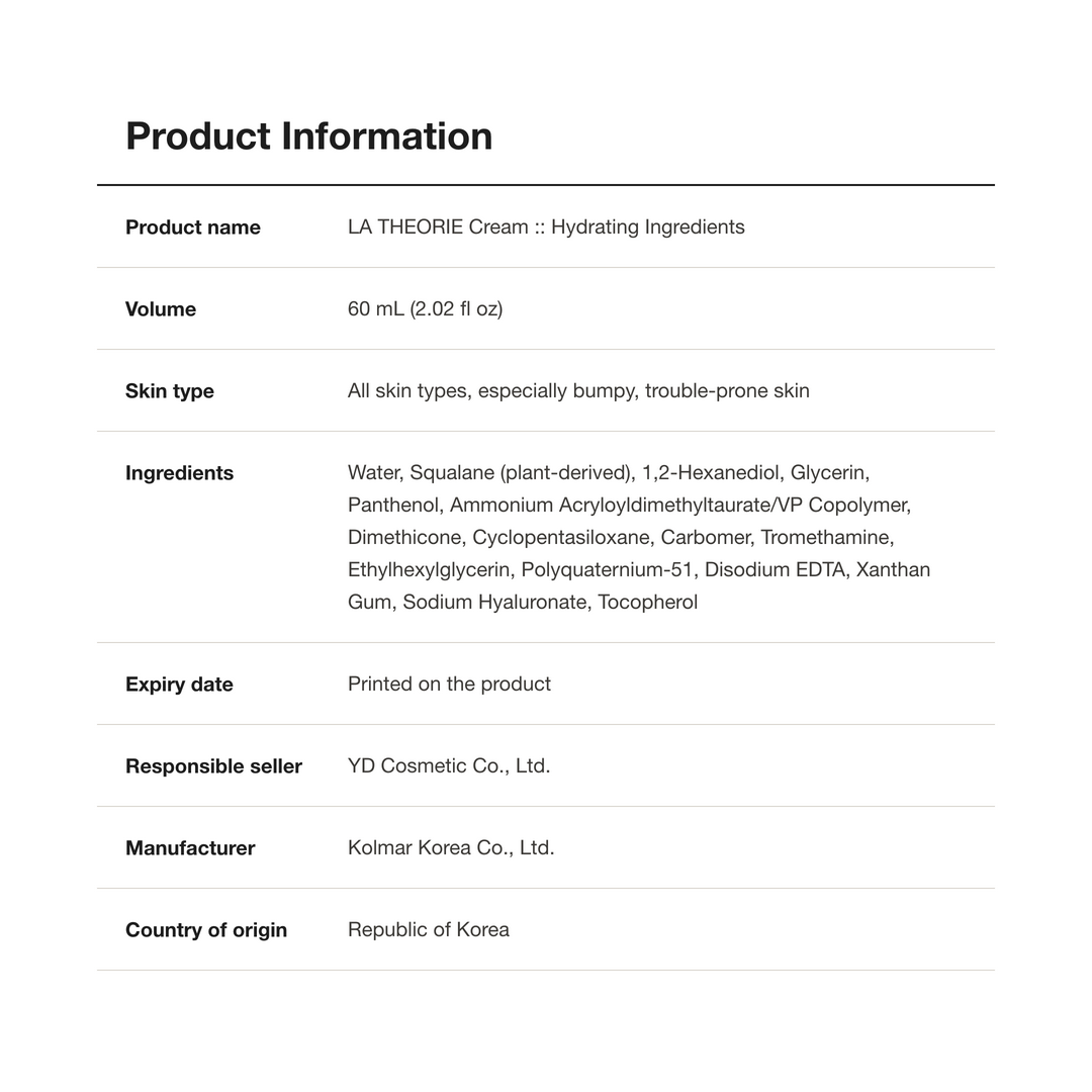 LA THEORIE Cream Hydrating Ingredients product information
