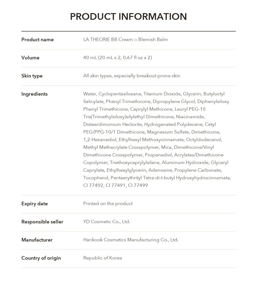 LA THEORIE BB Cream Blemish Balm product information