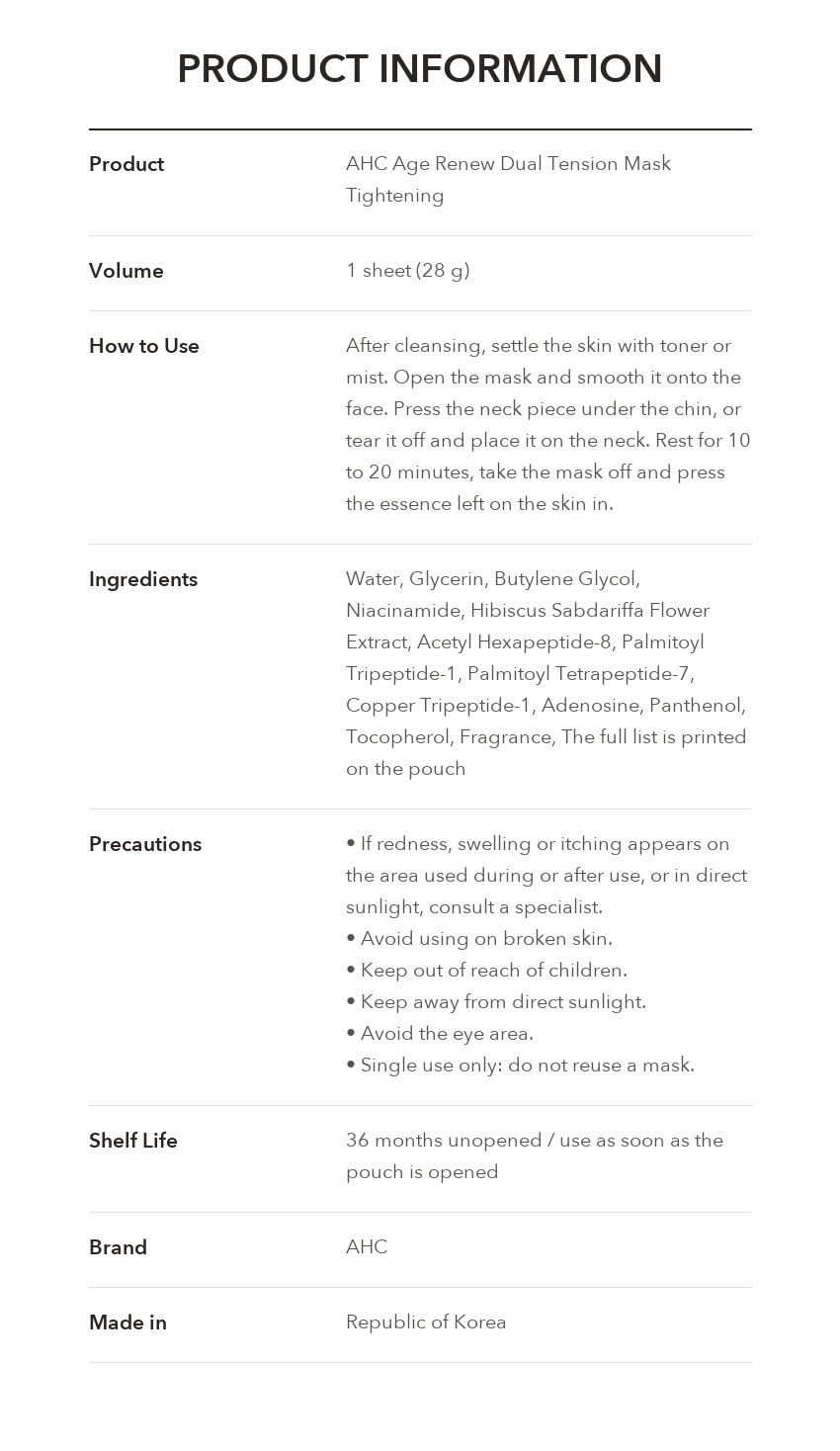 AHC Age Renew Dual Tension Mask product information