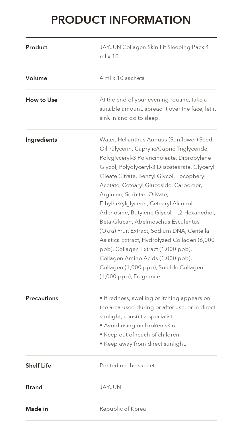 JAYJUN Collagen Skin Fit Sleeping Pack product information