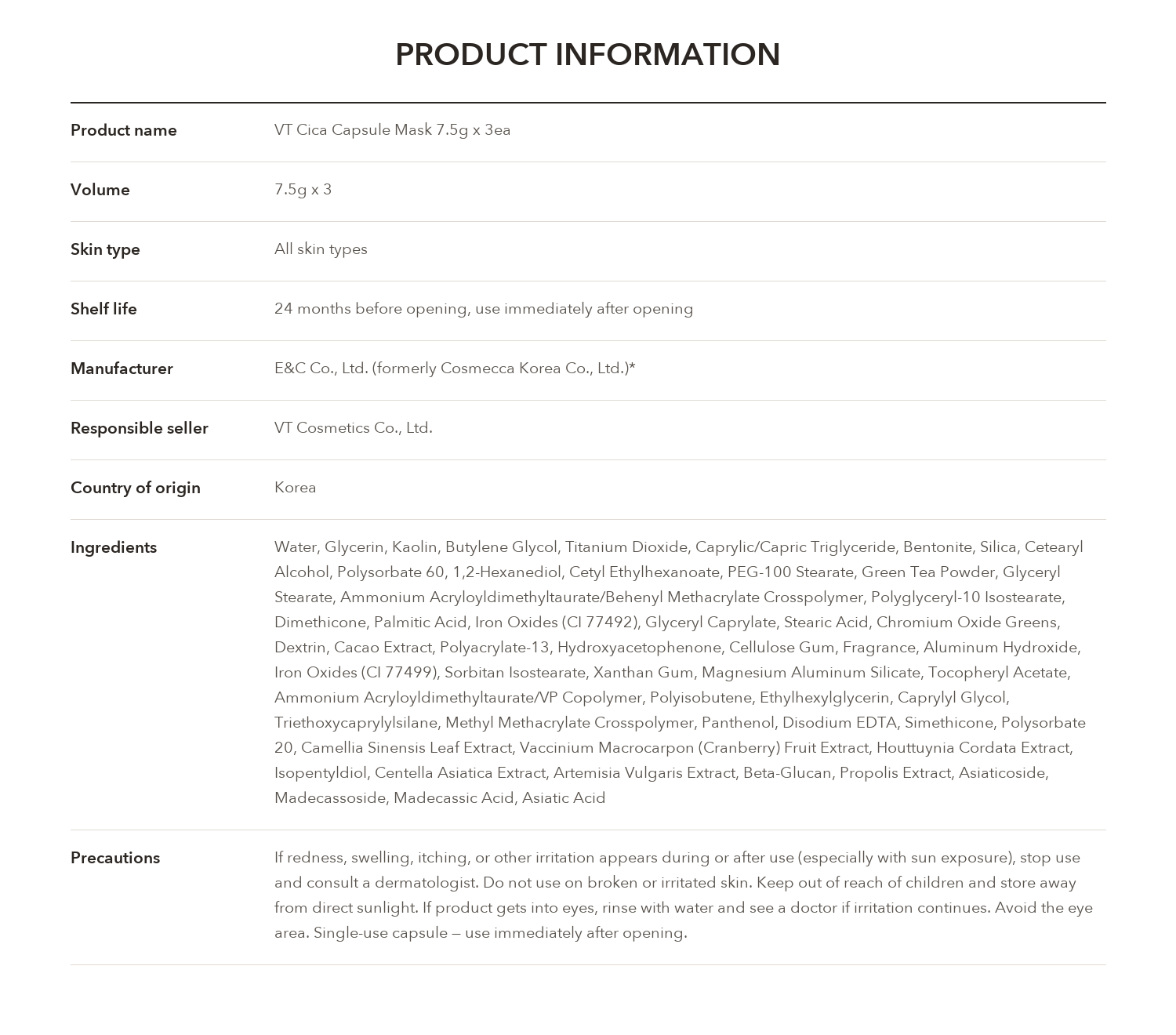 VT Cica Capsule Mask 7.5g x 3ea product information