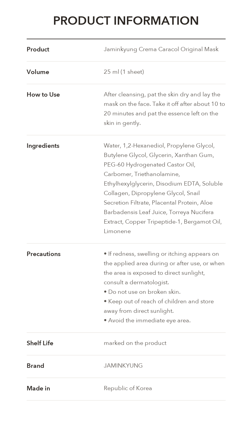 Jaminkyung Crema Caracol Original Mask product information