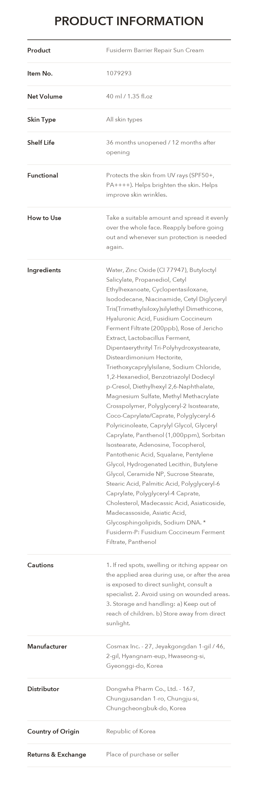 Fusiderm Barrier Repair Sun Cream product information