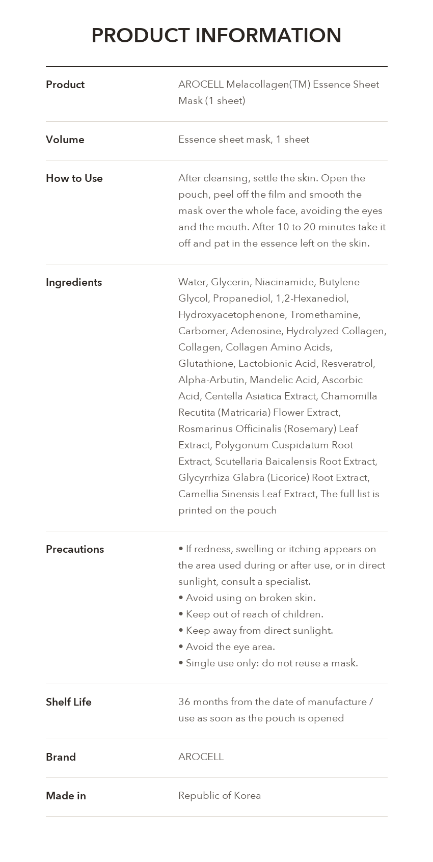 AROCELL Melacollagen Essence Sheet Mask product information