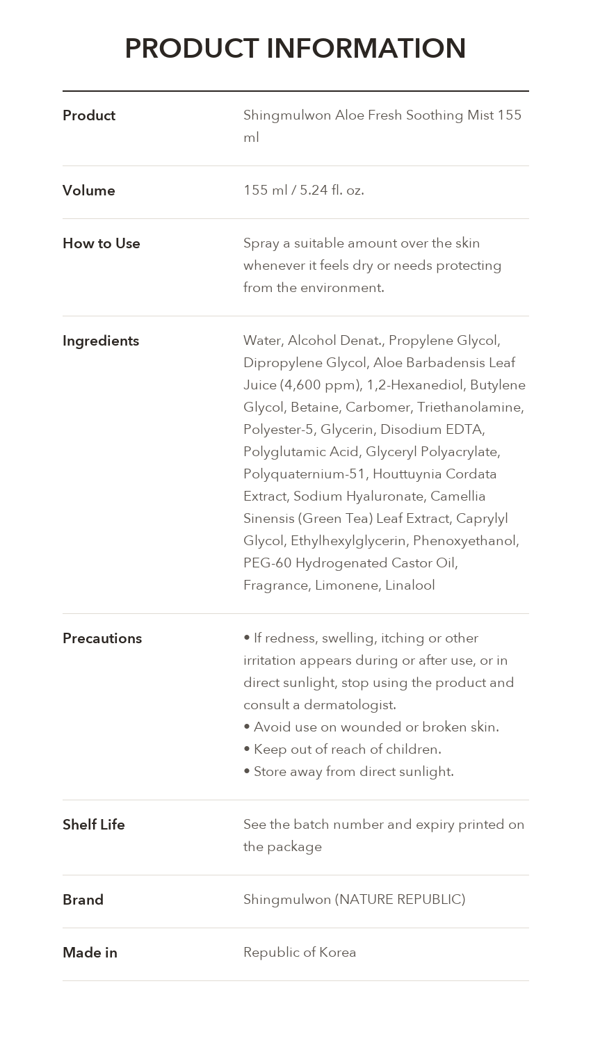 Shingmulwon Aloe Fresh Soothing Mist product information
