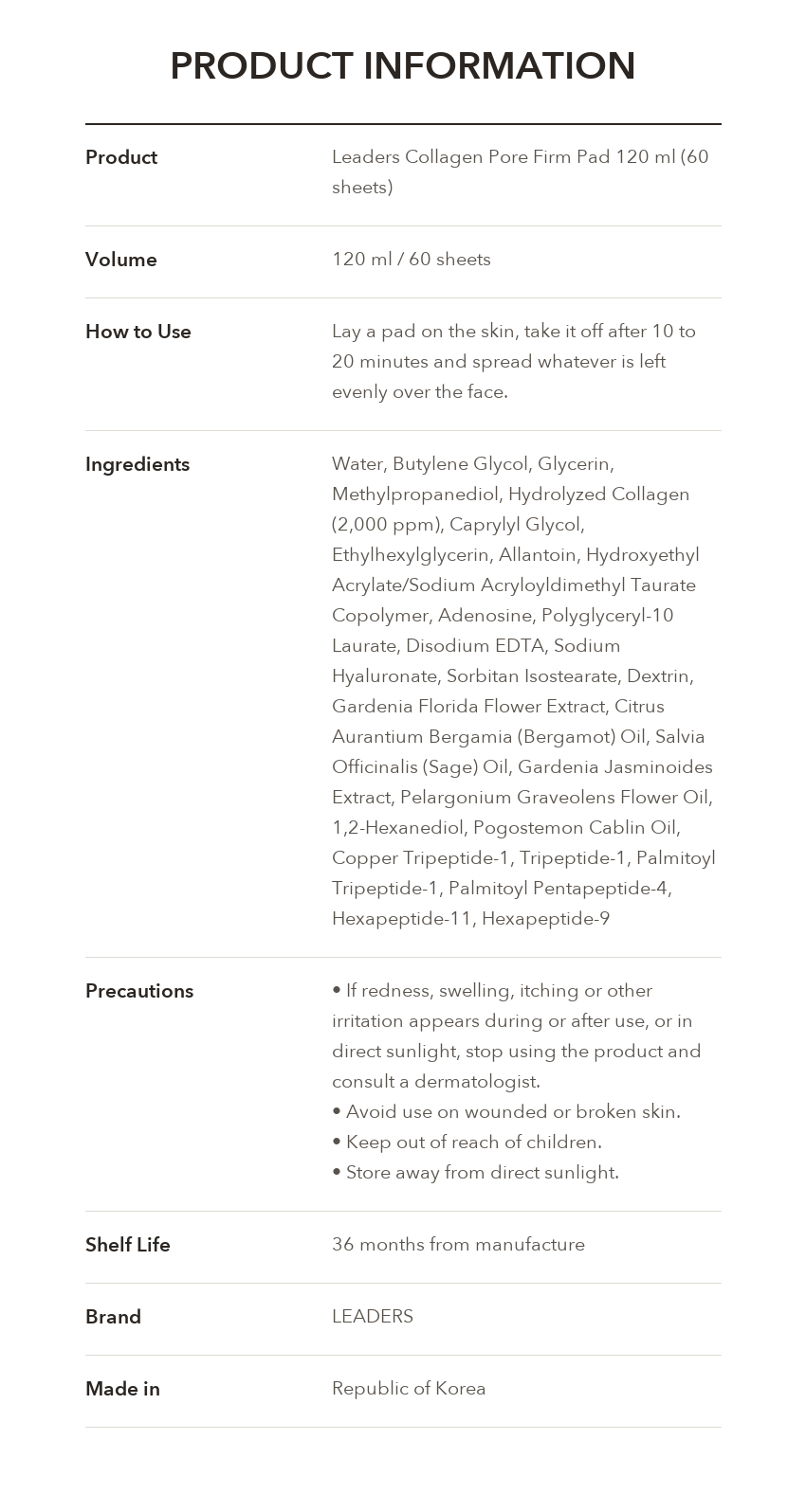 LEADERS Collagen Pore Firm Pad product information