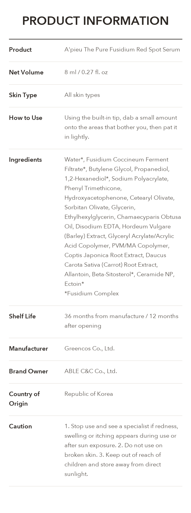 A'PIEU The Pure Fusidium Red Spot Serum product information