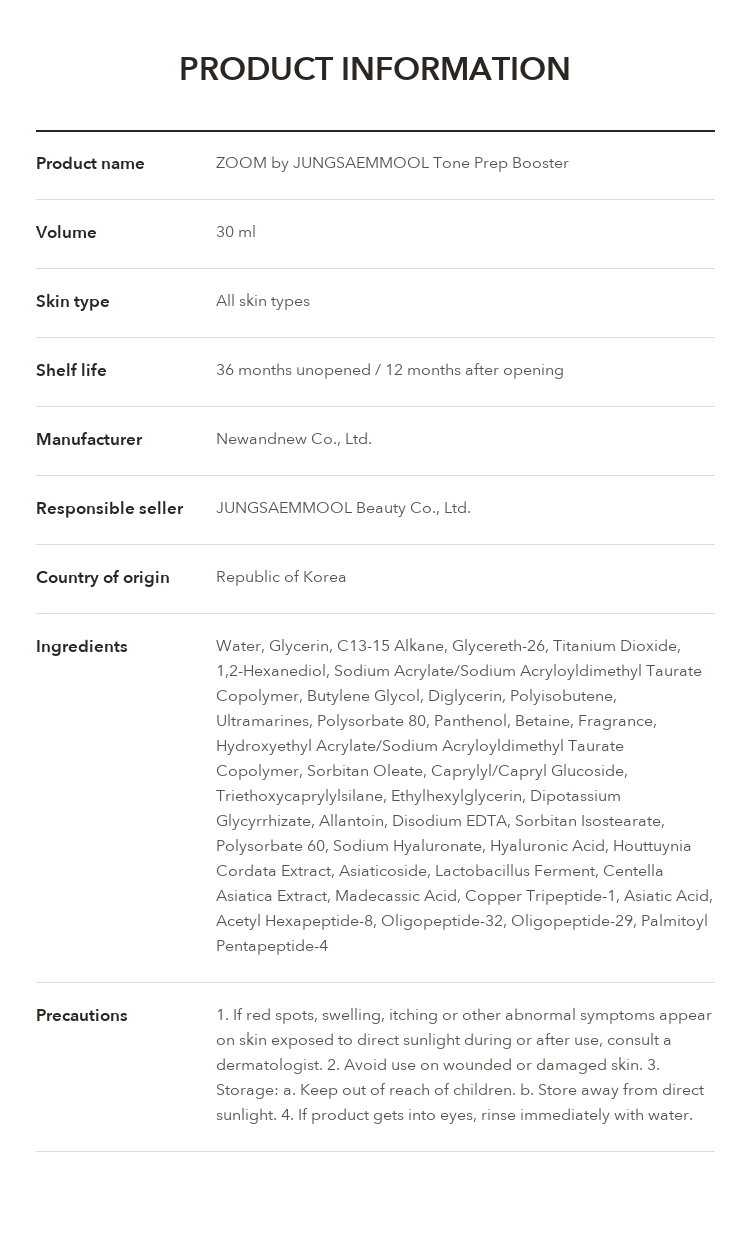 ZOOM by JUNGSAEMMOOL Tone Prep Booster 30ml product information