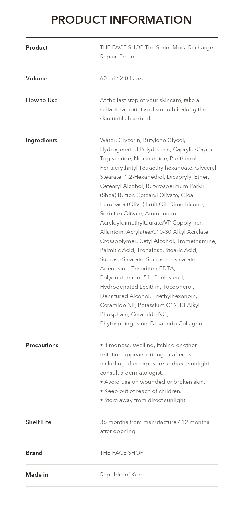 THE FACE SHOP The Smim Moist Recharge Repair Cream product information