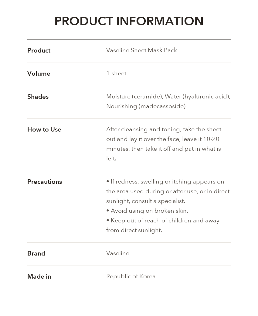 Vaseline Sheet Mask Pack product information