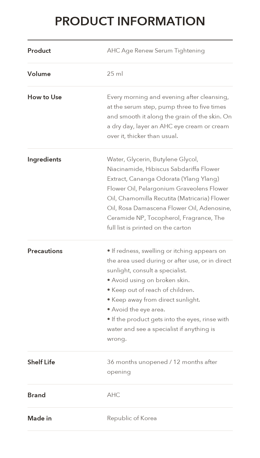 AHC Age Renew Serum Tightening product information