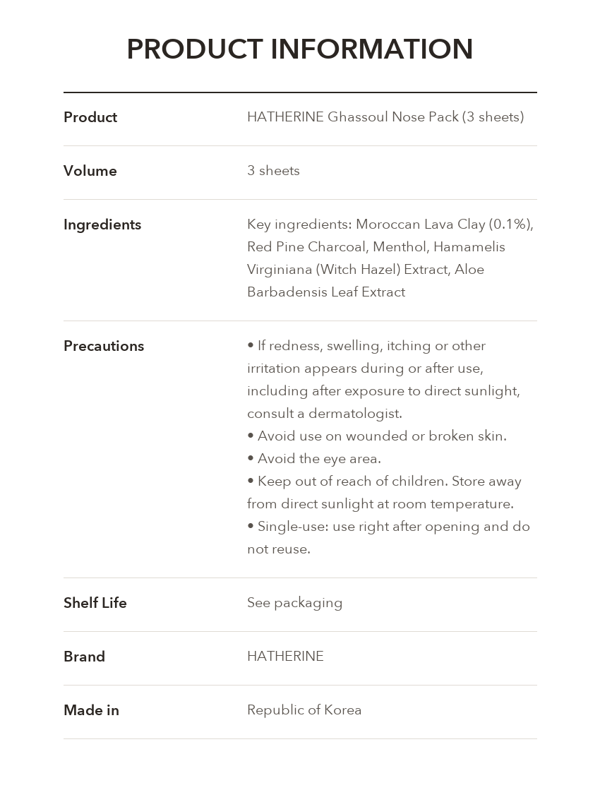 Haeserin Ghassoul Nose Pack 3 Sheets product information