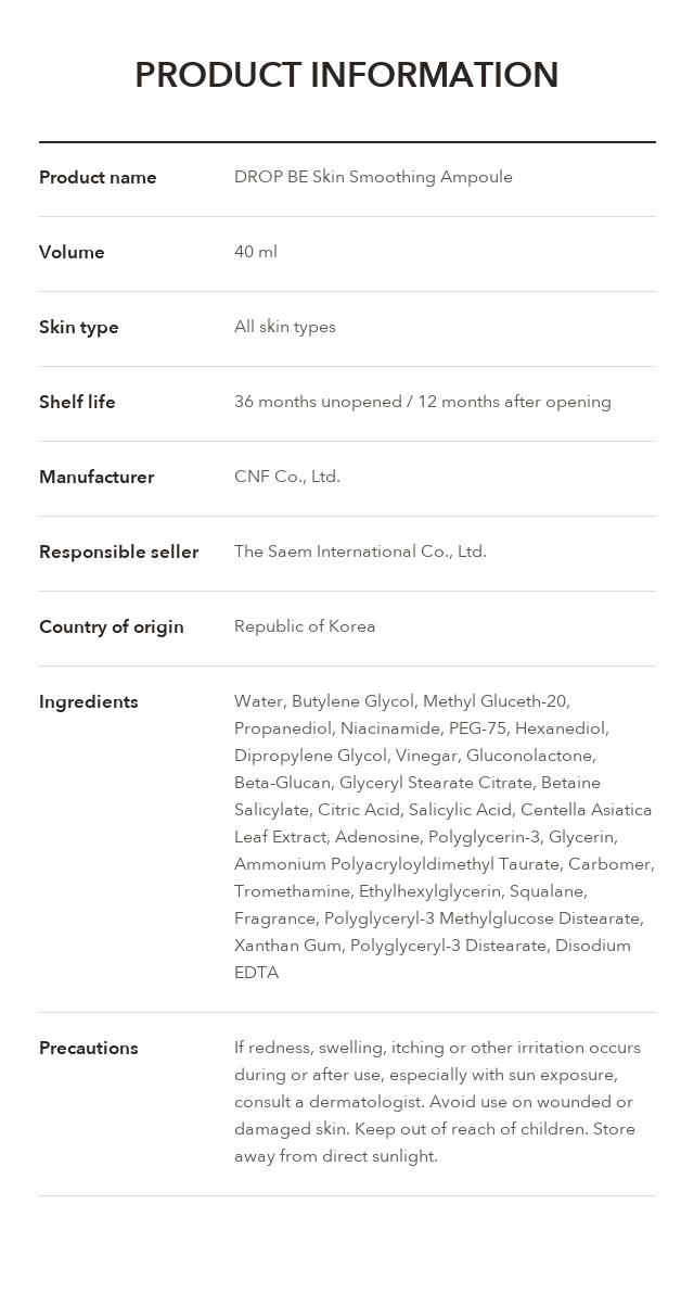 DROP BE Skin Smoothing Ampoule product information