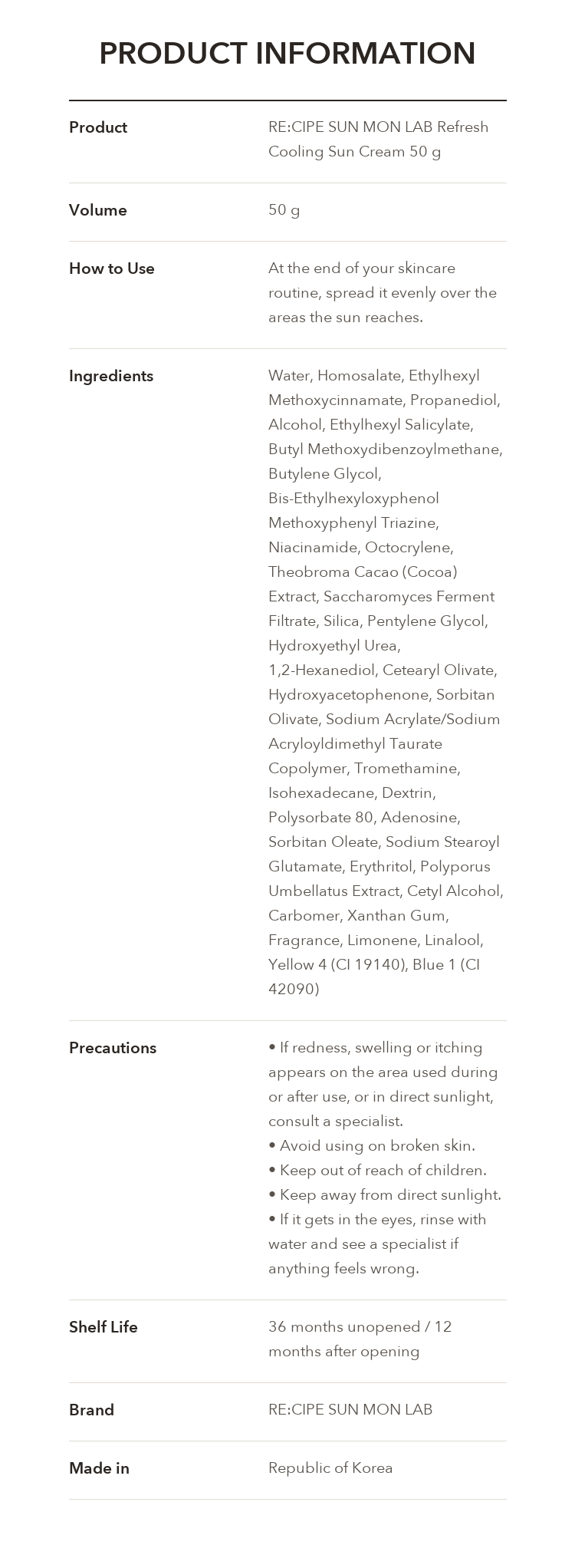 RE:CIPE SUN MON LAB Refresh Cooling Sun Cream product information