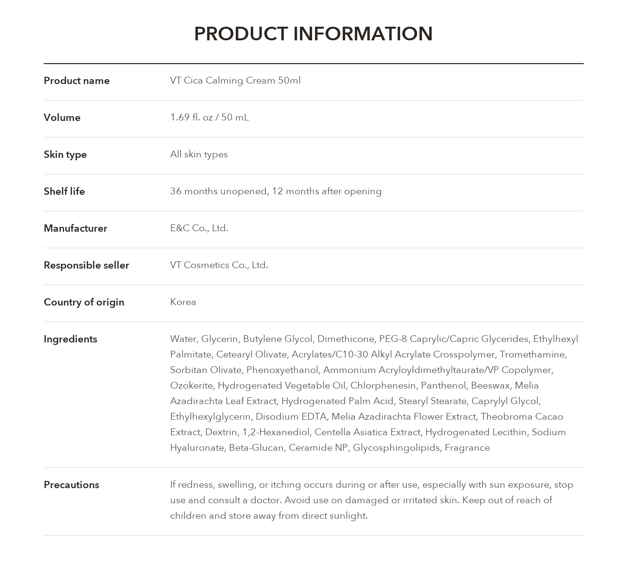 VT Cica Calming Cream 50ml product information