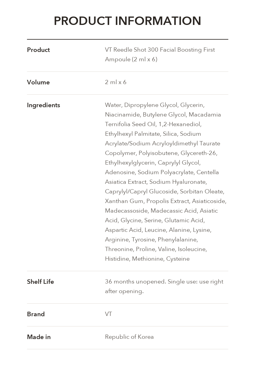VT Reedle Shot 300 Facial Boosting First Ampoule 2ml x 6 product information