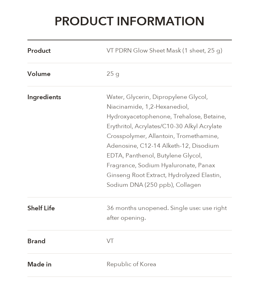 VT PDRN Glow Sheet Mask 25g product information