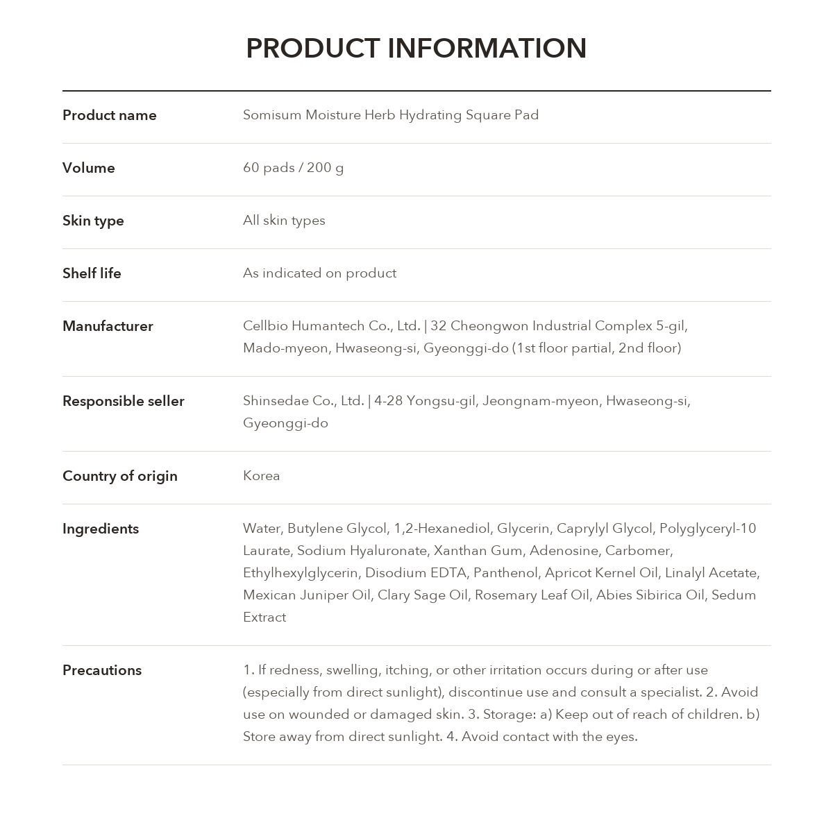 SOMISOME Moisture Herb Hydrating Square Pad 60 Pads 200g product information