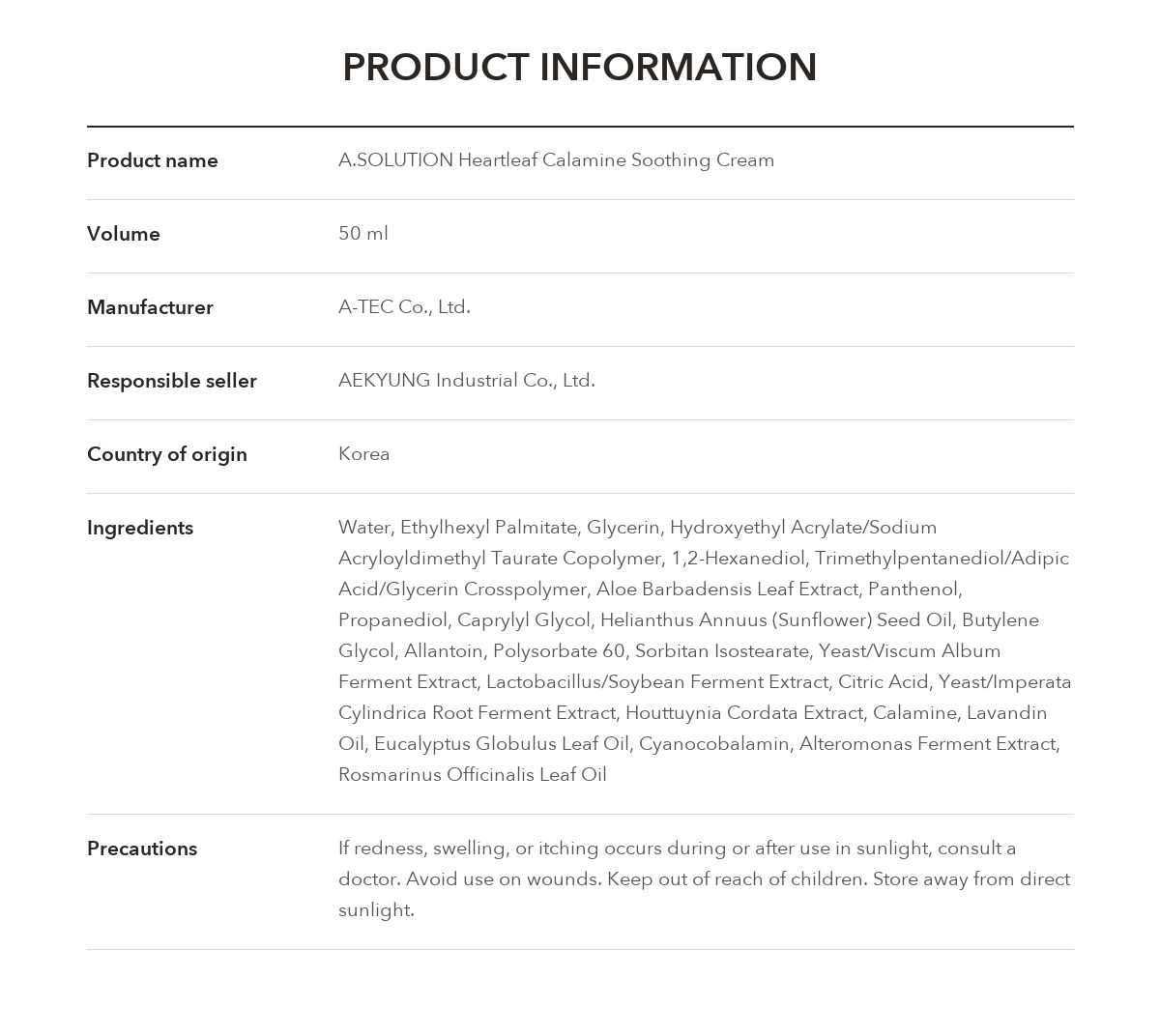 A.SOLUTION Heartleaf Calamine Soothing Cream product information
