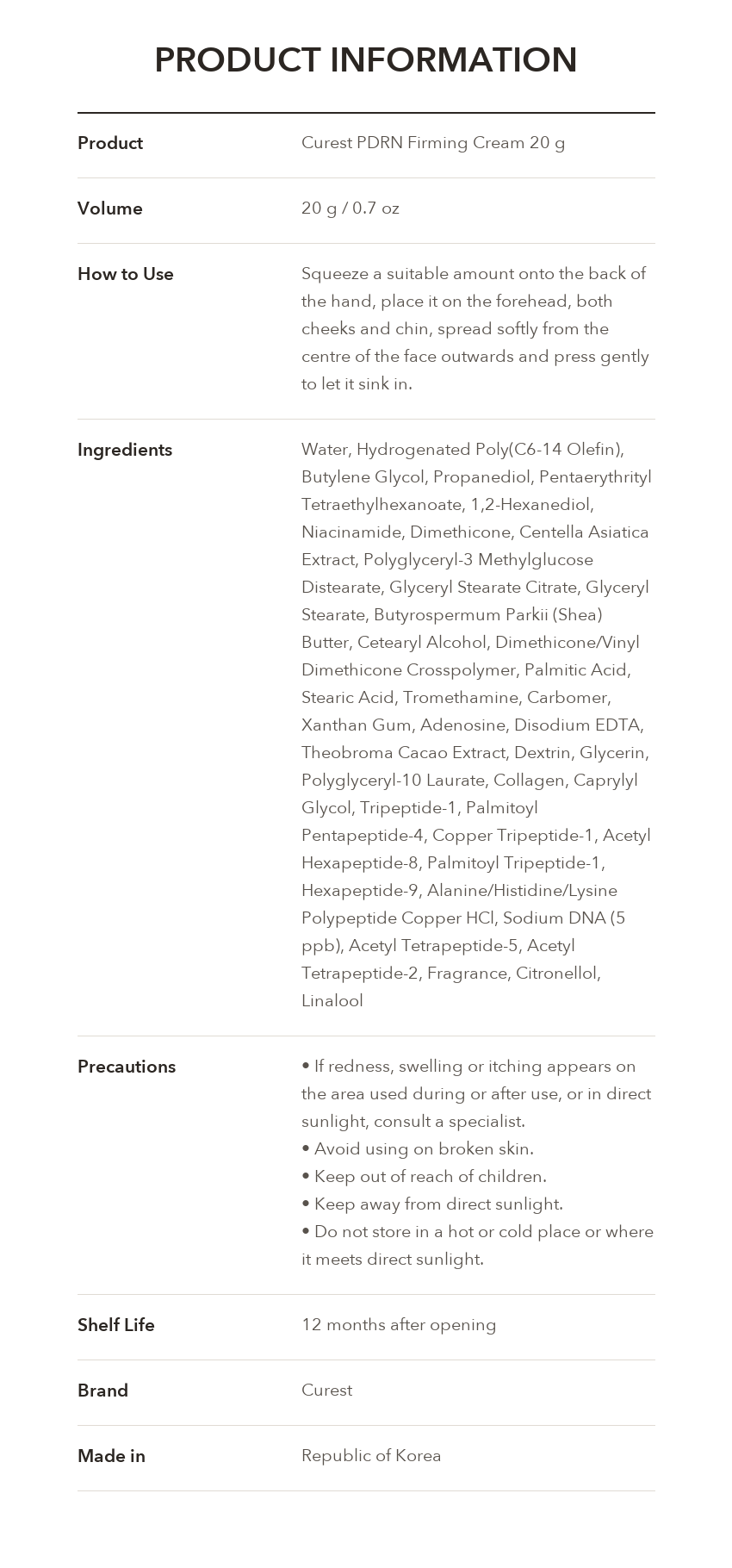CUREST PDRN Firming Cream product information