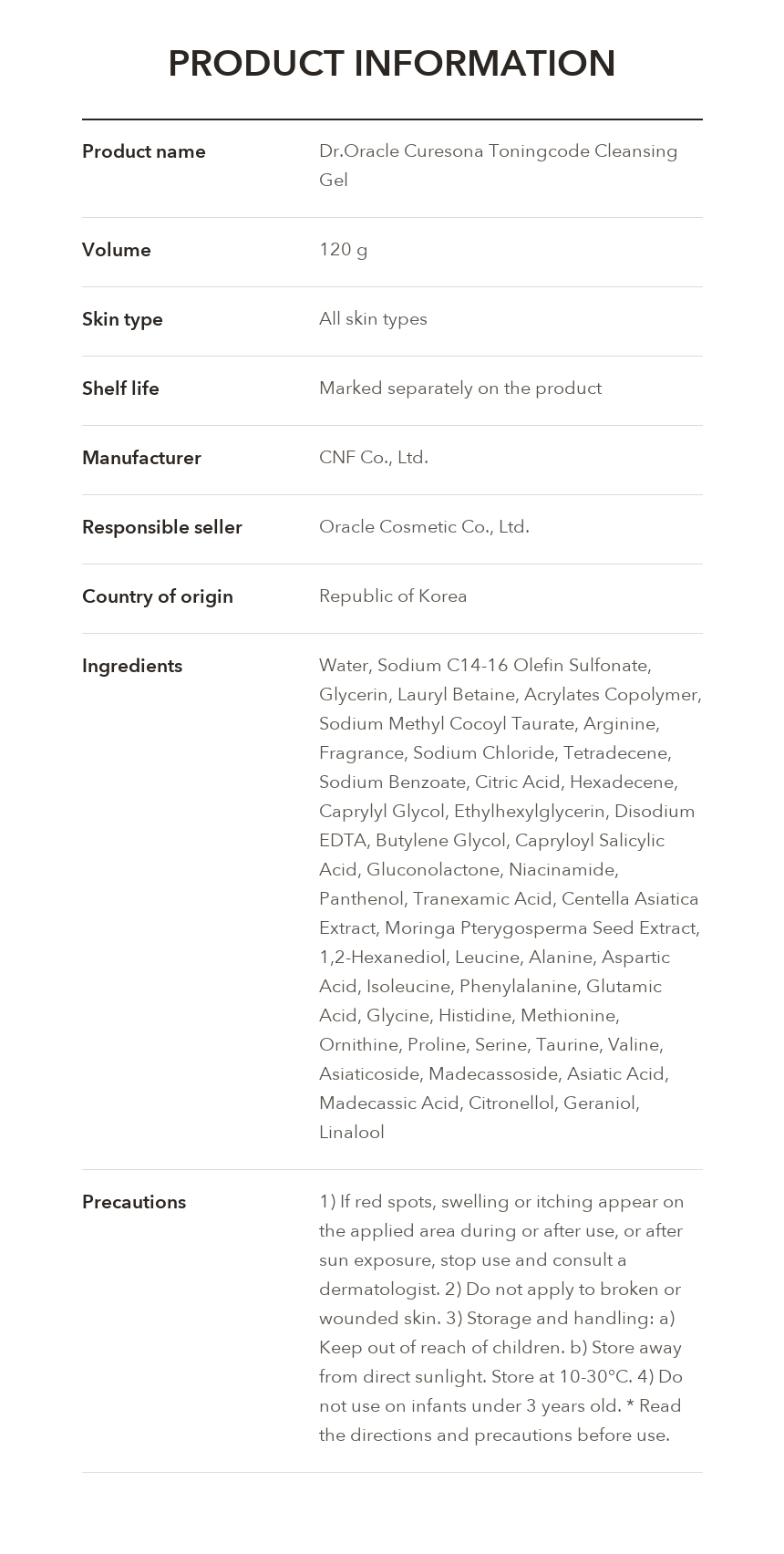 Dr.Oracle Curesona Toningcode Cleansing Gel product information