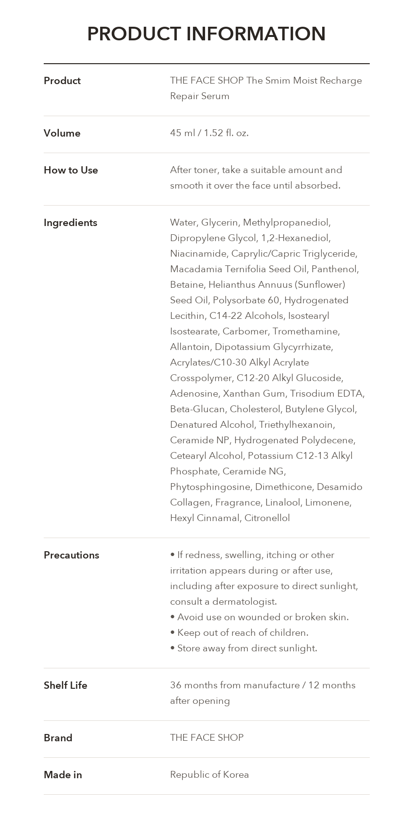 THE FACE SHOP The Smim Moist Recharge Repair Serum product information