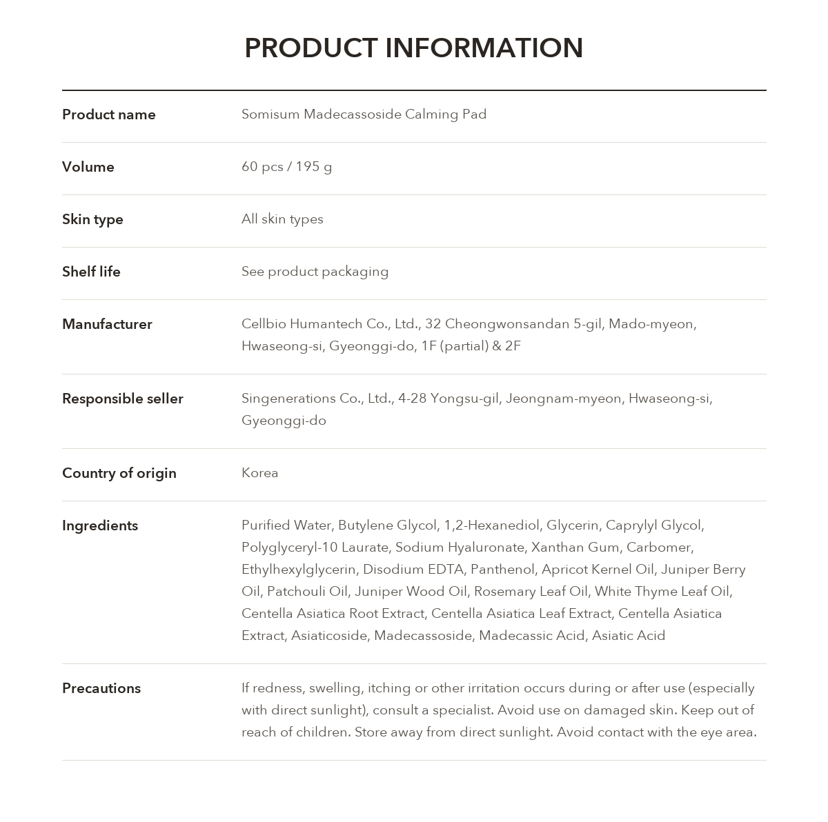 Somisome Madecassoside Calming Square Pad product information