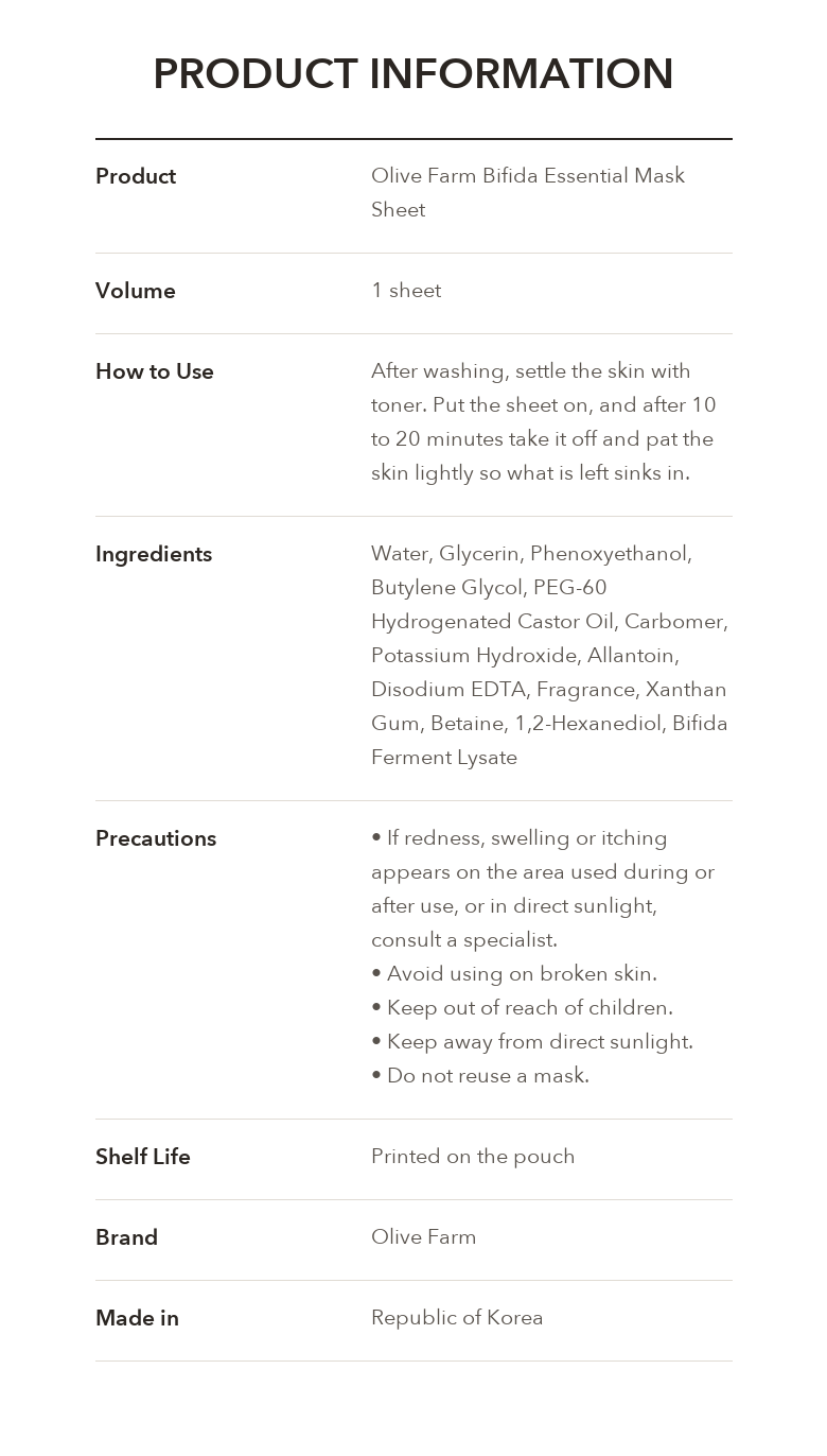 Olive Farm Essential Mask Sheet Bifida detail 06