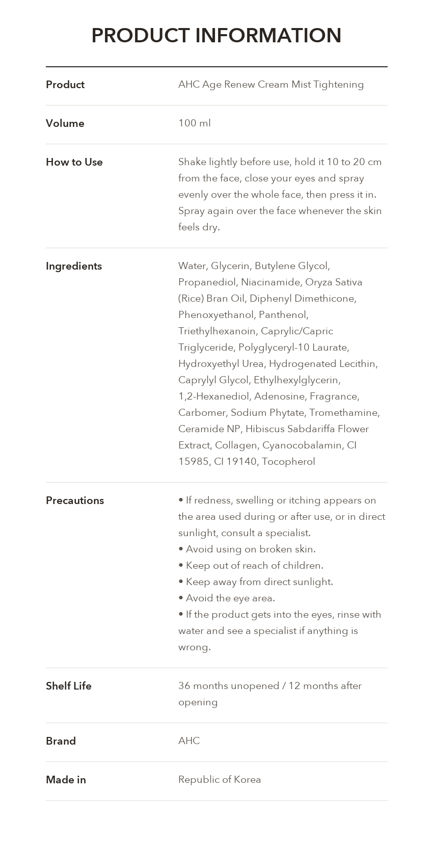 AHC Age Renew Cream Mist Tightening product information
