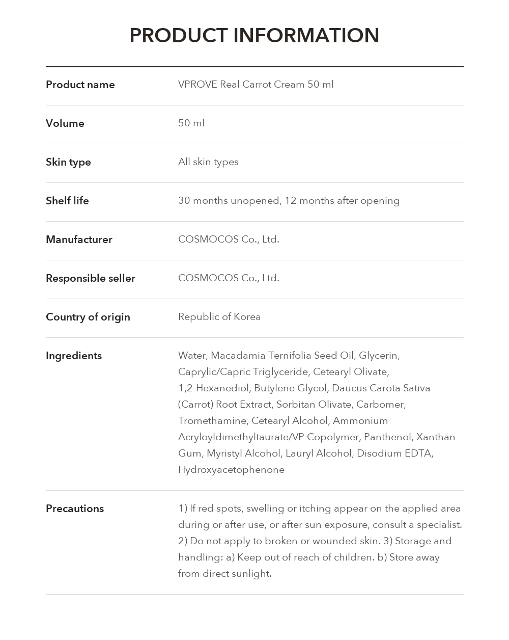 VPROVE Real Carrot Cream product information