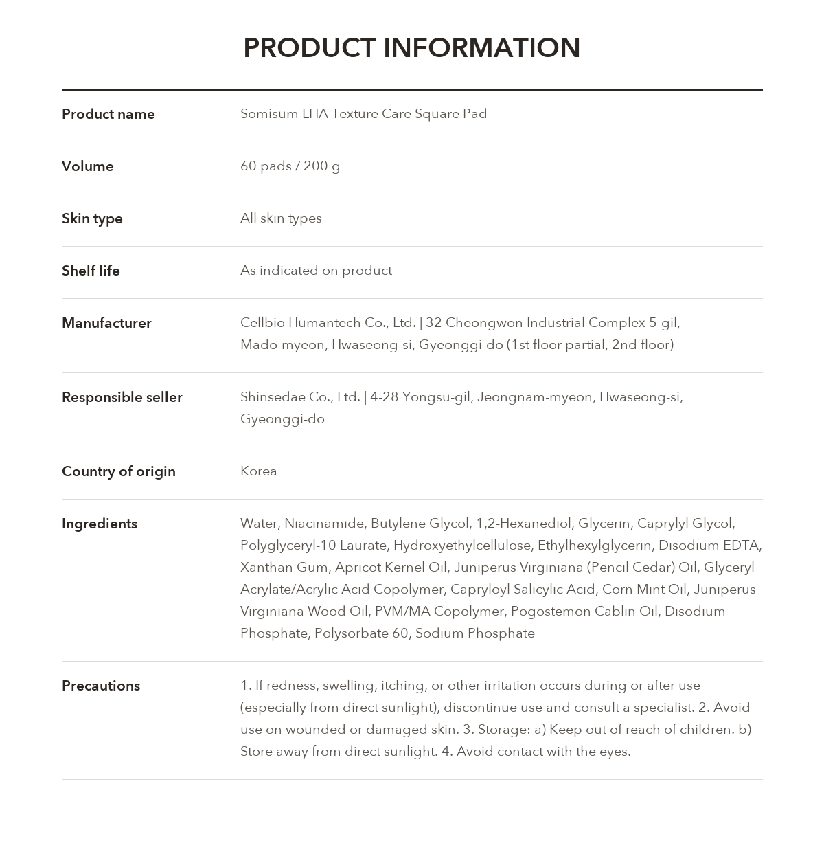 SOMISOME LHA Texture Care Square Pad 60 Pads 200g product information