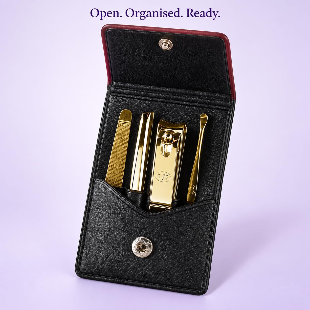 777 4-Piece Nail Care Set Burgundy & Black Pouch detail 01