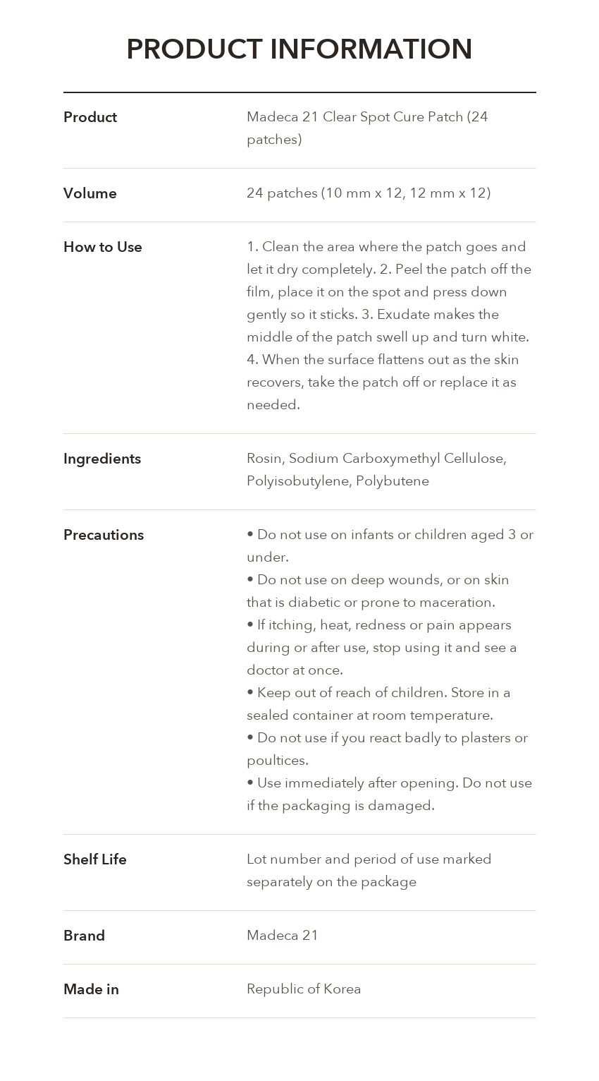 Madeca21 Clear Spot Cure Patch 24 Patches product information